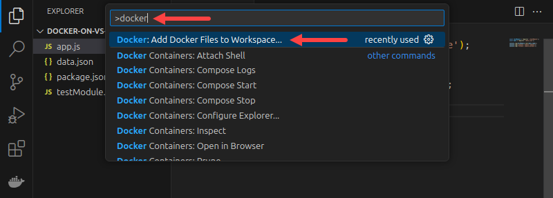 گزینۀ «Docker: Add Docker Files to Workspace…»